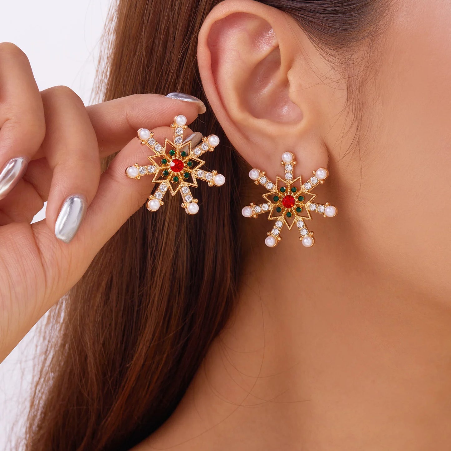 Whimsical Snowflake Stud Earrings With Crystals And Pearls Gift For Her ❄️🎁