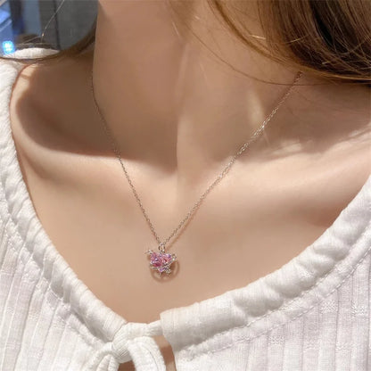 Kawaii Pink Planet Heart Zircon Pendant Necklace 🌟💖 | Trendy Clavicle Chain for Fashionable Women | Perfect Valentine's Day Gift 🎁✨