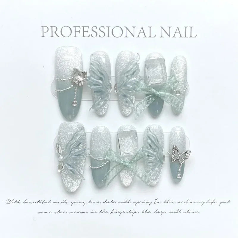 Kawaii 10-Piece Rhinestone Almond Press-On Nails ✨💅 | Handmade Acrylic Nail Art Set for Adorable Looks! 🌟