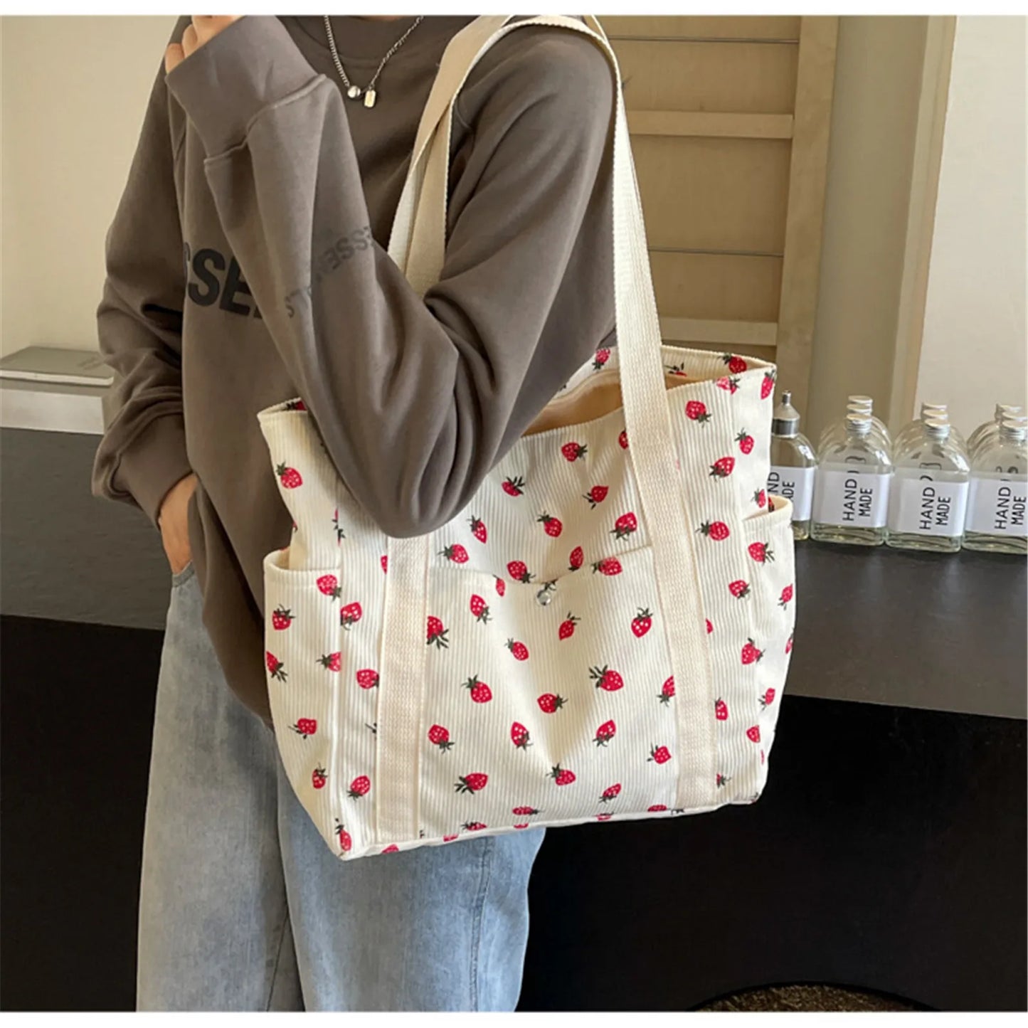 Strawberry Dreams 🍓✨ Cozy Corduroy Shoulder Bag for Stylish Adventures! 👜❤️ - Pixie Quill