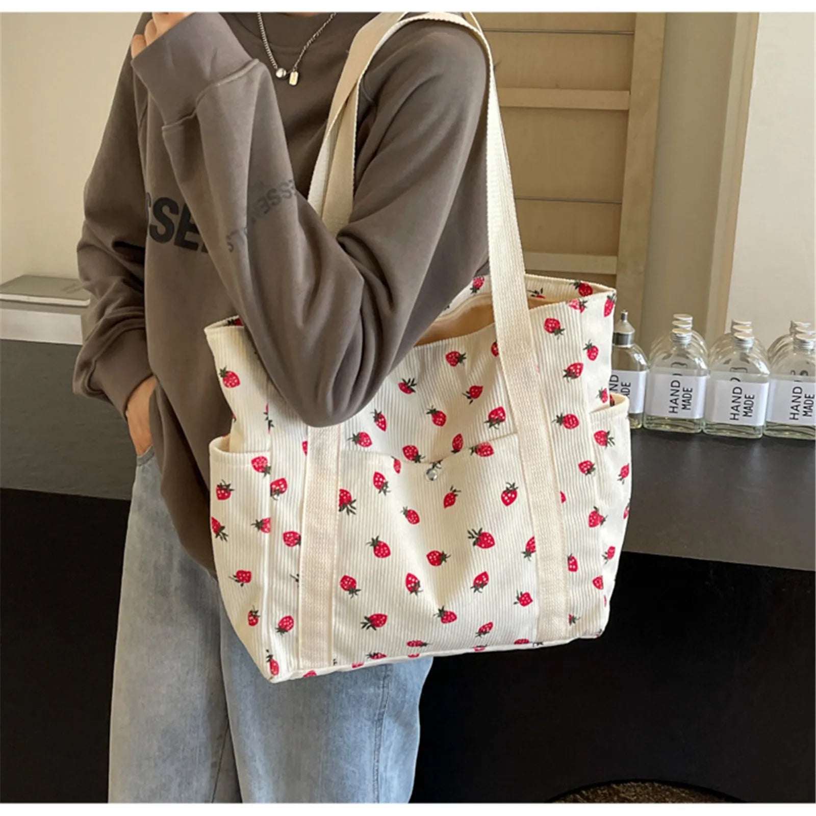Strawberry Dreams 🍓✨ Cozy Corduroy Shoulder Bag for Stylish Adventures! 👜❤️ - Pixie Quill