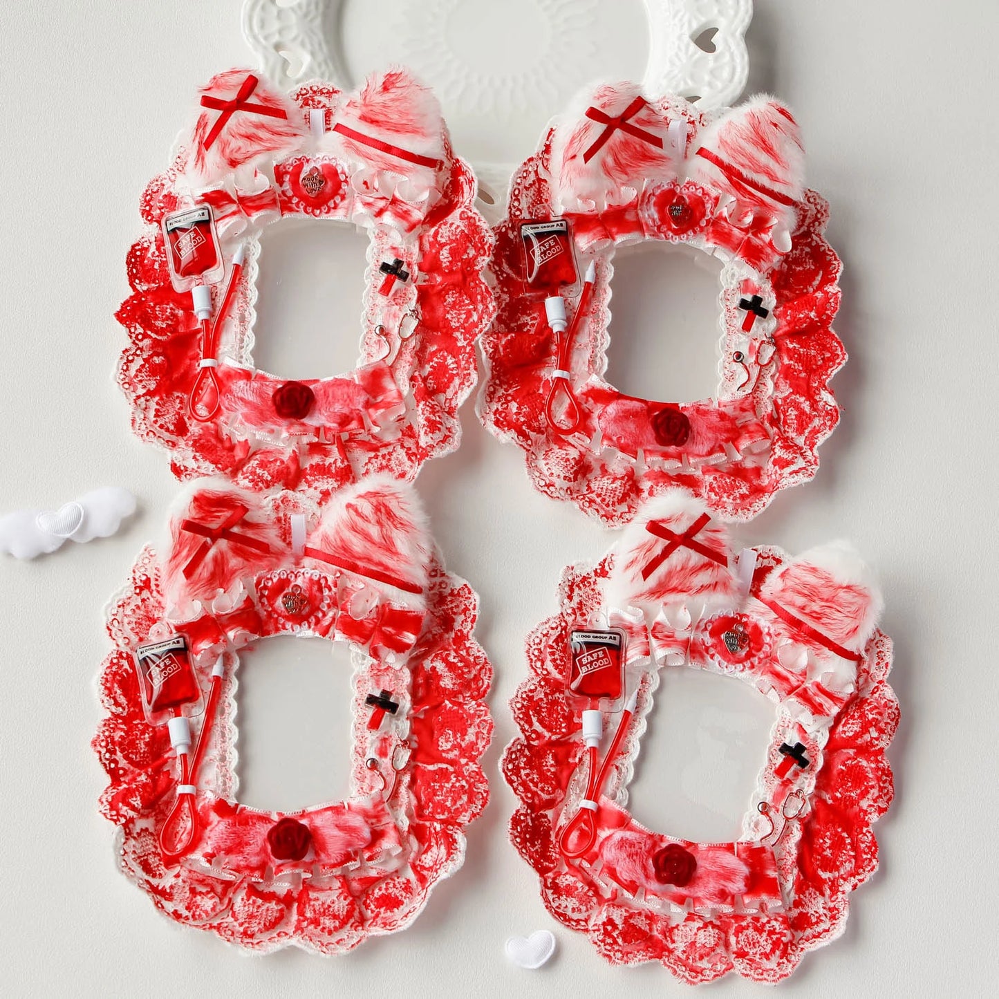 Kpop Idol Photo Holder Poker Storage Decor with Lace and Ribbon Plush Ears Cute Photocard Top Loader