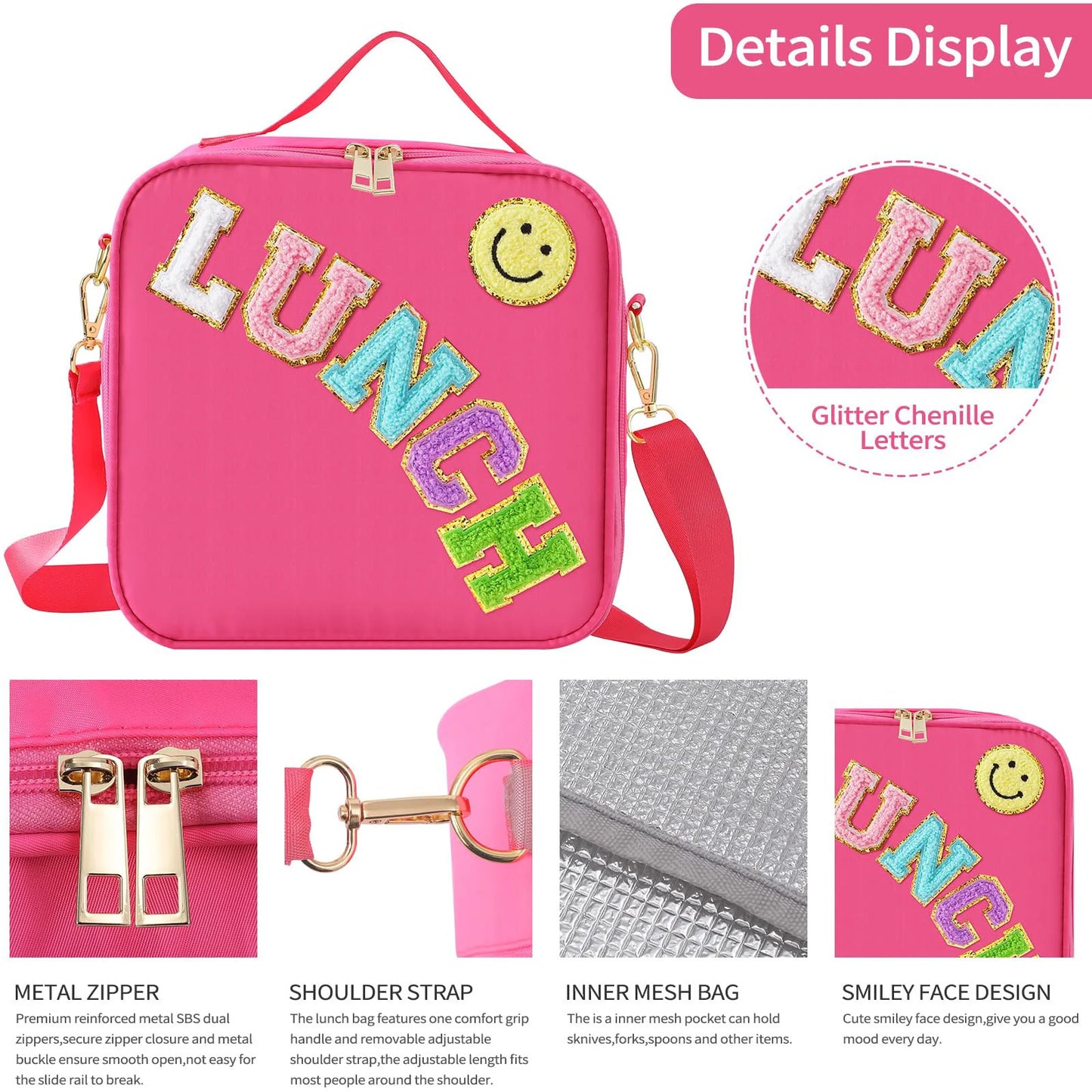 Kawaii Chenille Patch Insulated Lunch Bag 🎒✨ | Adjustable Strap Nylon Lunch Box for School & Picnics 🌈🥪