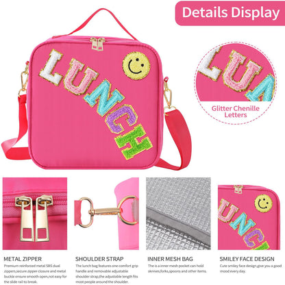 Kawaii Chenille Patch Insulated Lunch Bag 🎒✨ | Adjustable Strap Nylon Lunch Box for School & Picnics 🌈🥪