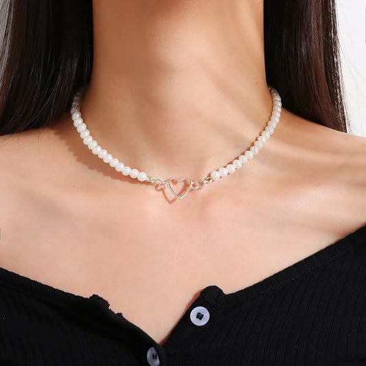 Kawaii Vintage Heart Pendant Necklace 💖✨ - Trendy Pearl & Link Chain Jewelry for Women 🎀 Perfect Gift!