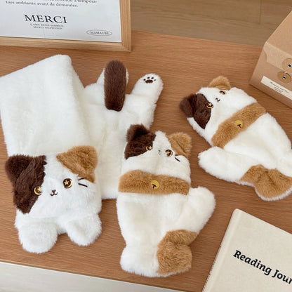 Winter Cute Cat Gloves Scarf Windproof Knee Protector Set Outdoor Warm Small Scarf
