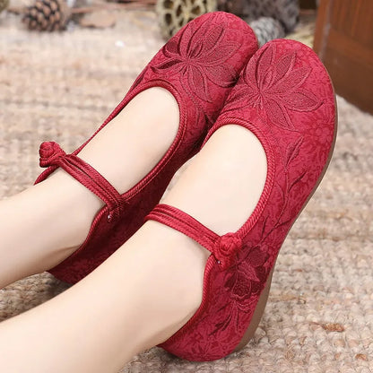 Retro Red Embroidered Ballet Flats Women Casual Anti Skid Hemp Flat Shoes 👡🌸
