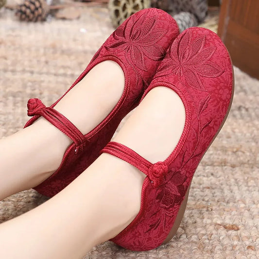 Retro Red Embroidered Ballet Flats Women Casual Anti Skid Hemp Flat Shoes 👡🌸