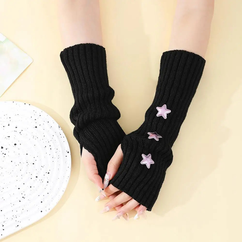 Y2K Fingerless Gloves Women Knitted Arm Warmers Cute Star Decor ⭐ Cozy Winter