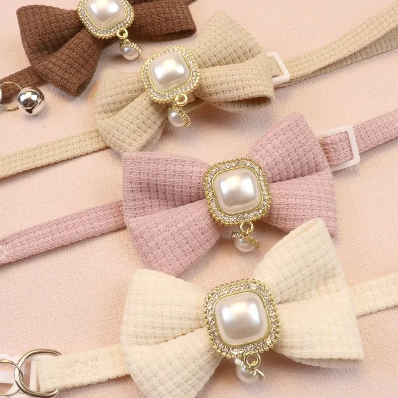 ✨ Adorable Adjustable Waffle Cat Collar with Vintage Pearl & Bow 🎀🐾 - Perfect for Trendy Tails! 🐱🌟