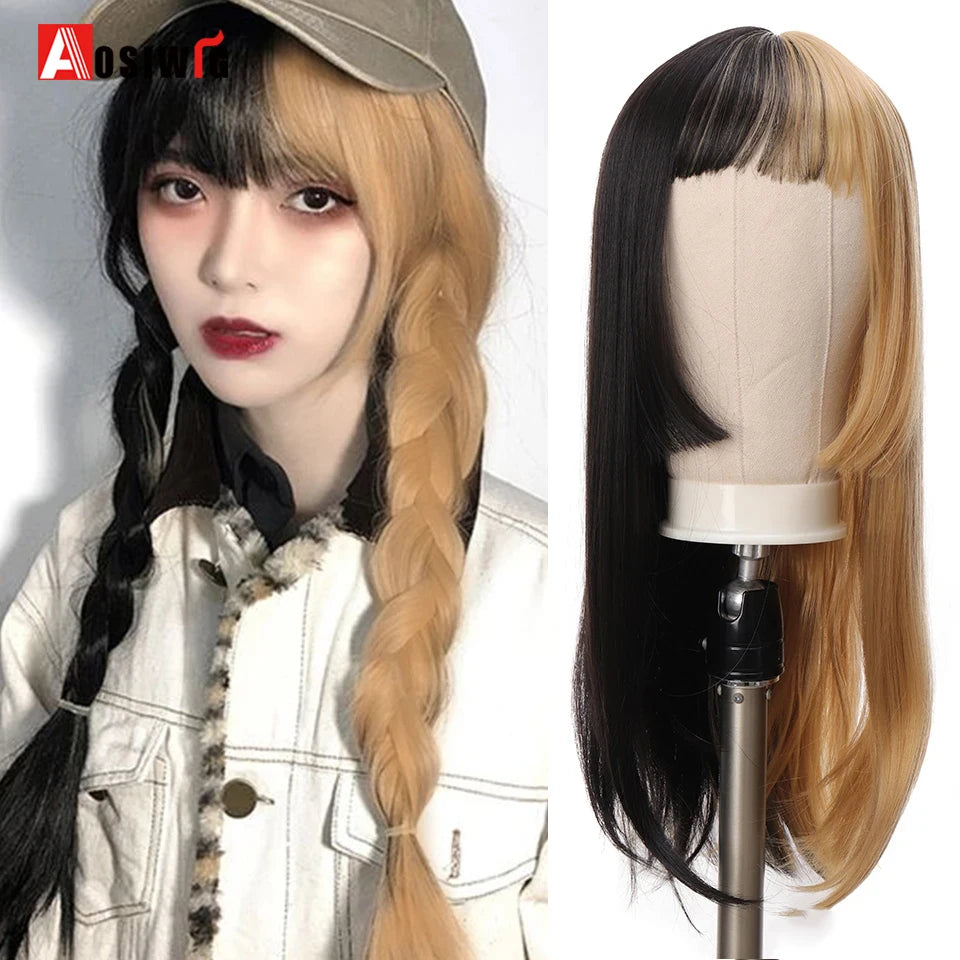 Cute Ombre Blonde & Black Double Ponytail Lolita Wig 🎀✨ - Kawaii Cosplay Hair with Bangs for Harajuku Style! 💖👸