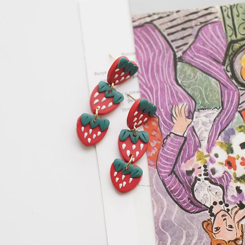 Pastel Fruit Heart Clay Earrings Set Lightweight Dangle for Summer 🍓💖