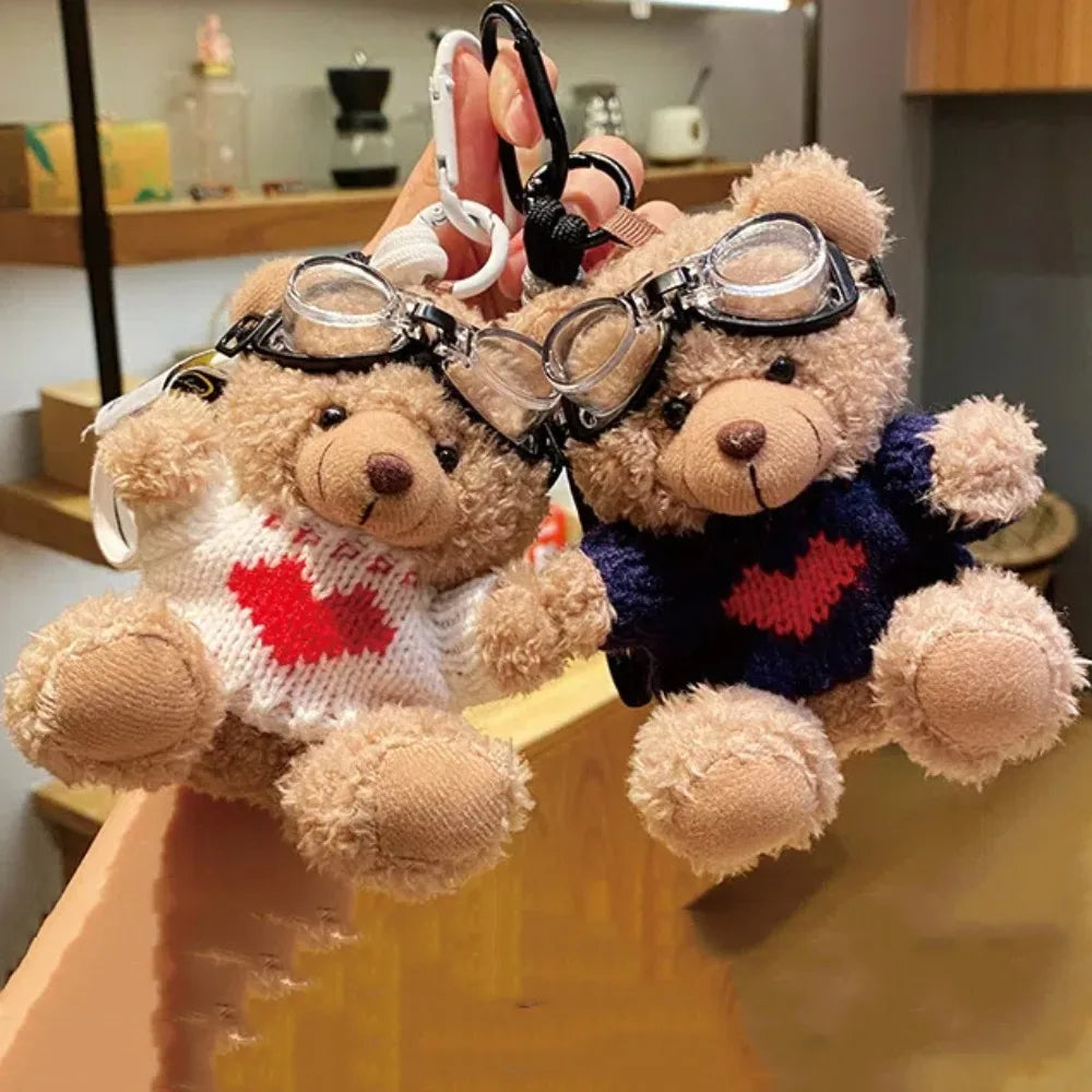 Pilot Bear Keychain With Goggles Plush Pendant Pearl Rope Accessory 🧸🪢