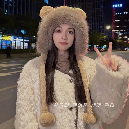 Cozy Bear Ear Beanie Knit Hat For Women Winter Warmth Plush Polyester 🧸