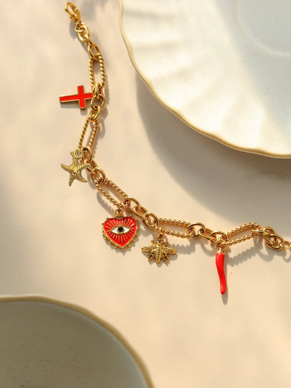 Stainless Steel Charm Bracelet For Women Playful Vintage Thread Stitching Eyes Starfish Bee Cross Pepper Charms ✨🐝⭐🌶