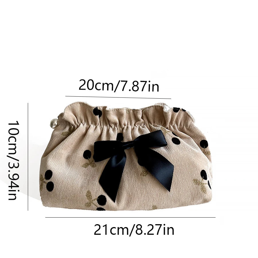 Cherry Print Corduroy Cosmetic Bag For Women Large Capacity Travel Case 💄👜