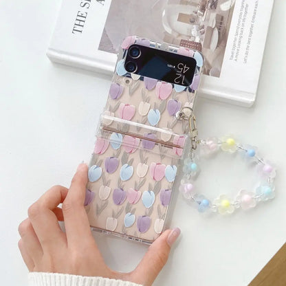 🌸✨Cute Floral Charm Case for Samsung Z Flip 6/5/4/3 - Adorable Transparent Design with Bracelet! 💖📱