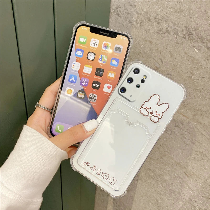 ✨ Adorable Transparent Bear Card Holder Case for Samsung Galaxy S22/S21/S20 FE/S10/S10e/Note 10/20 Plus Ultra 🐻💕