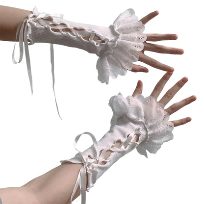 Women Lace Fingerless Gloves With Bowknot For Lolita Cosplay Arm Warmers 💗🎀