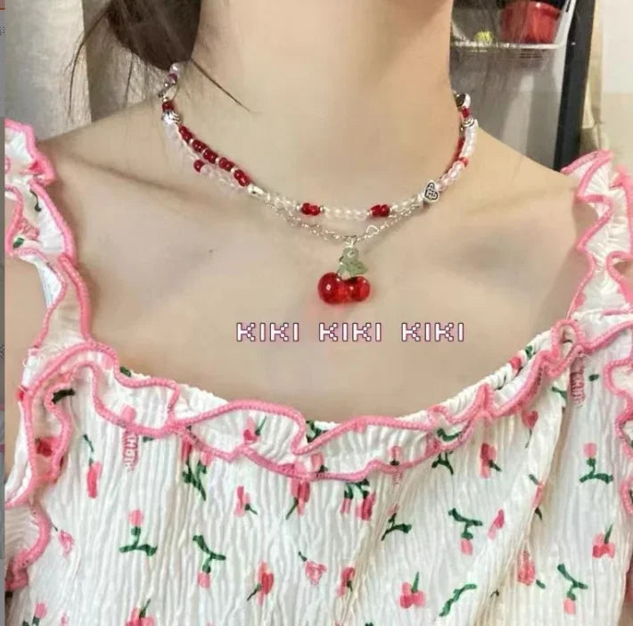 Kawaii Strawberry Pearl Choker 🍓✨ | Handmade Beaded Necklace | Adjustable Cute Gift for Her! 🌟