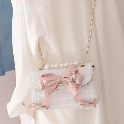 ✨ Kawaii Lolita Bow & Lace Crossbody Bag 🎀 | Pearl-Embellished Japanese Style Purse for Trendy Girls 🌸