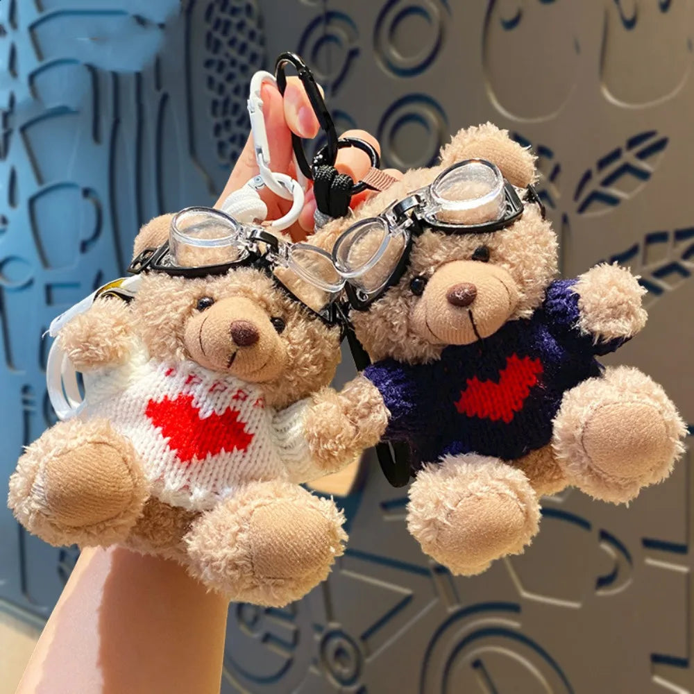 Pilot Bear Keychain With Goggles Plush Pendant Pearl Rope Accessory 🧸🪢