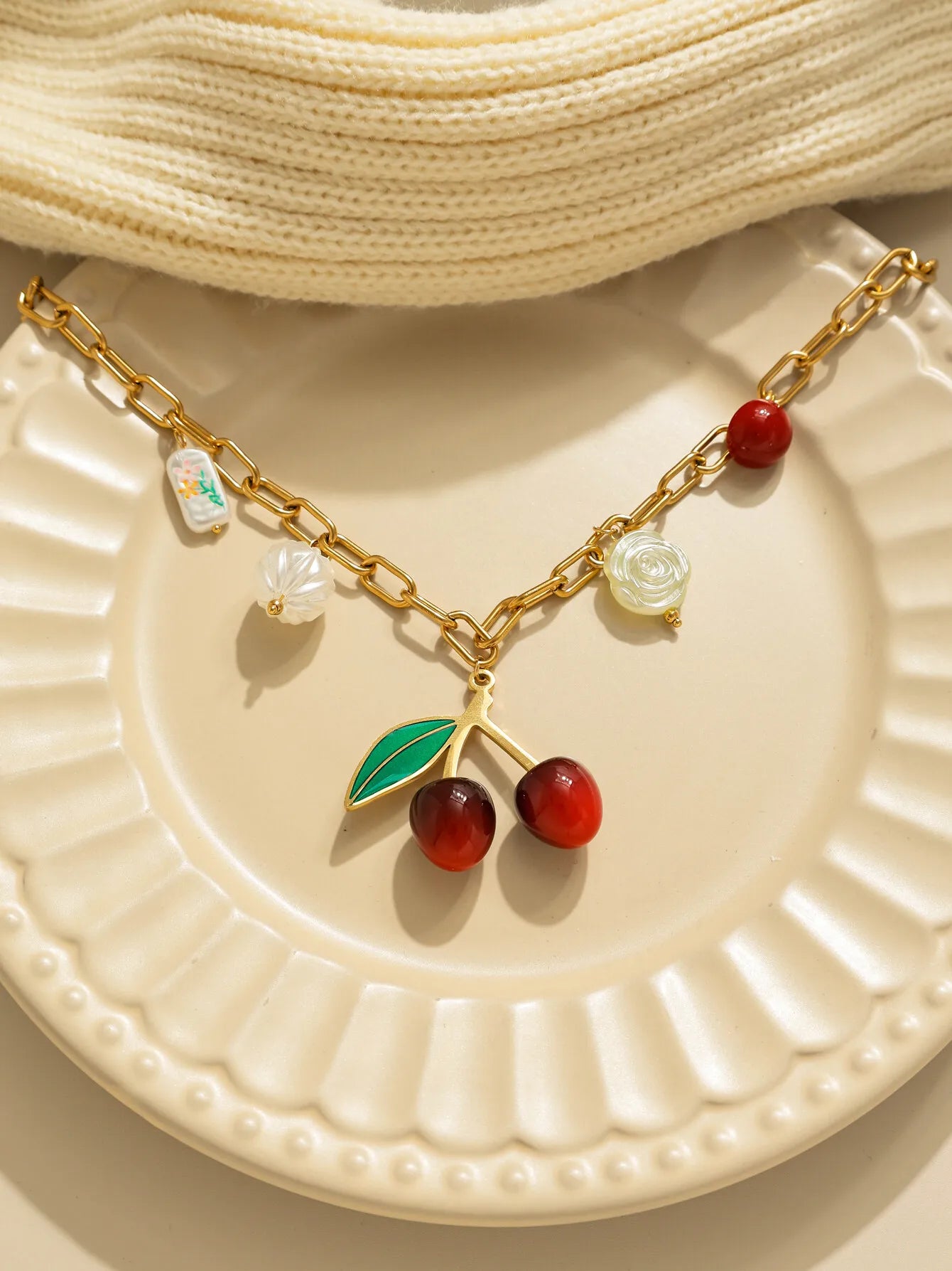 Whimsical Fruit Pendant Necklace 18K Gold Plated Stainless Steel Oil Dripping Cherry Pearl Tulip Acrylic Charm 🍒🌸