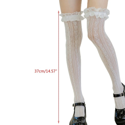 Sweetheart Striped Thigh High Fishnet Socks 💖👗 - Ruffled Lace Over Knee Stockings for Cute Fashionistas! 🌟✨ - Pixie Quill