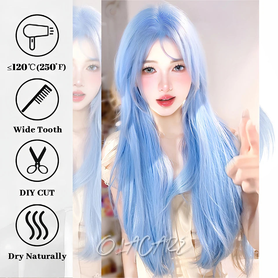 Enchanting Ombre Kawaii Wig 🌈✨ - Long Straight Lolita Style with Bangs in Glacier Blue & Blonde!