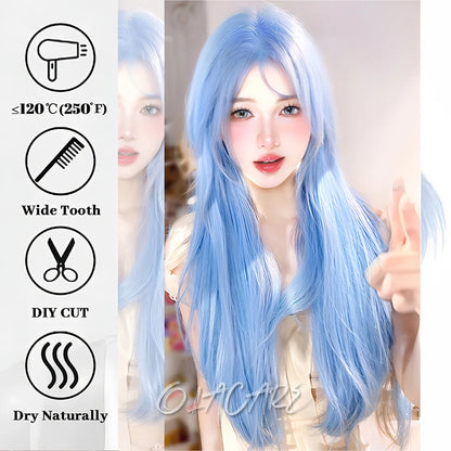 Enchanting Ombre Kawaii Wig 🌈✨ - Long Straight Lolita Style with Bangs in Glacier Blue & Blonde!