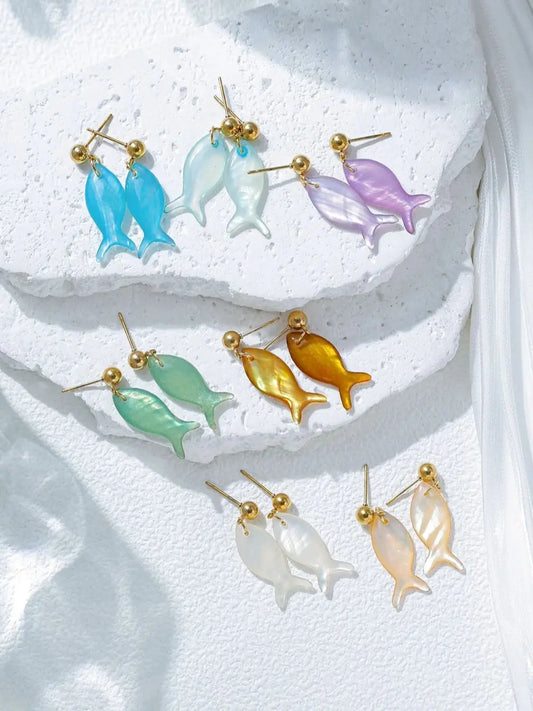 Pastel Shell Fish Pendant Earrings For Women Multicolor Beach Party Jewelry Waterproof Stainless Steel 💖🐟✨