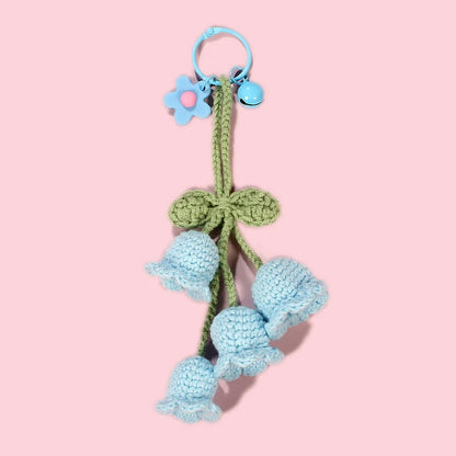 Fluffy Knitted Flower Keychain With Bell 🔔 Crocheted Wool Bag Charm For Women