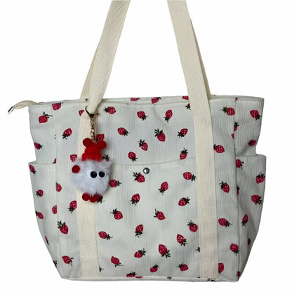 Kawaii Strawberry Corduroy Tote Bag 🍓✨ | Stylish & Versatile Shoulder Bag for Women! 🌼👜