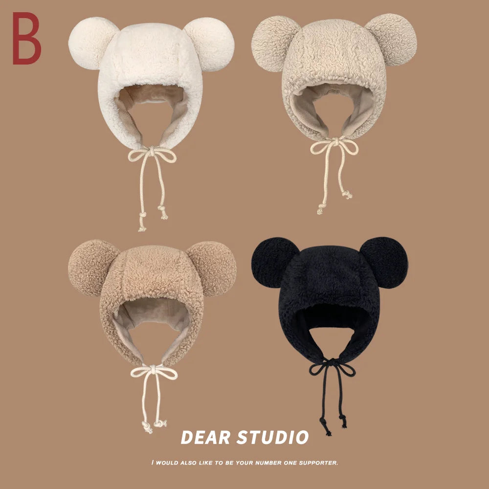 women's winter hat 2023 Fashion Solid Beanies Cute Bear Ears Warm Hat Windproof Cap Earflap hat Lamb hair Cap Female Hat Present