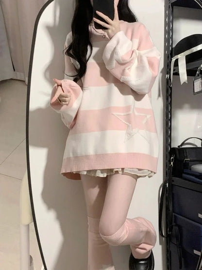 ✨ Kawaii Starry Contrast Sweater 🌟 | Grunge Streetwear Jumper for Women | Y2K Aesthetic Cozy Knitwear 🍂