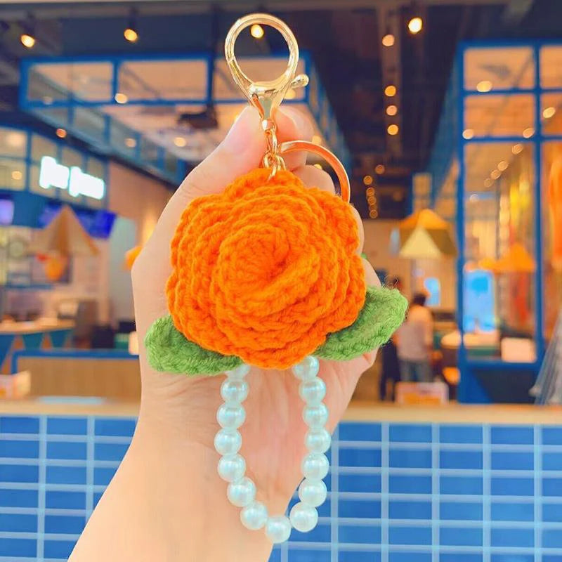 Fluffy Knit Rose Keychain Crochet Flower Pendant With Pearl Wrist Strap 🎀🌸🧶