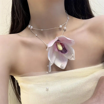 🌸 Kawaii Magnolia Choker Necklace 🌟 Trendy Pearl Collarbone Chain for Women’s Banquet & Travel 2024 🦄✨
