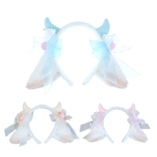 Lolita Headwear Sheep Ear Headband Girl Sweet Plush Hair Bands Sheep Horn Bows Decor Sheep Cosplay Sheep Ear Hair Hoop