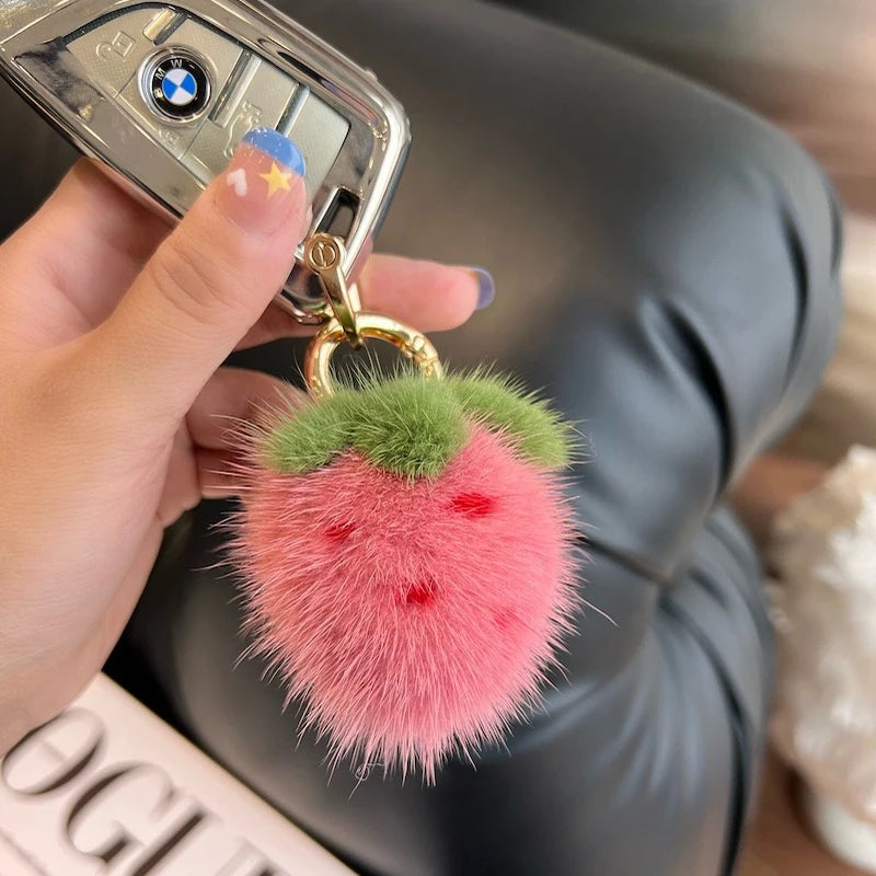 Adorable Kawaii Strawberry Mink Fur Keychain 🍓✨ - Fluffy Bag Charm & Cell Phone Pendant for Women! 👜💕