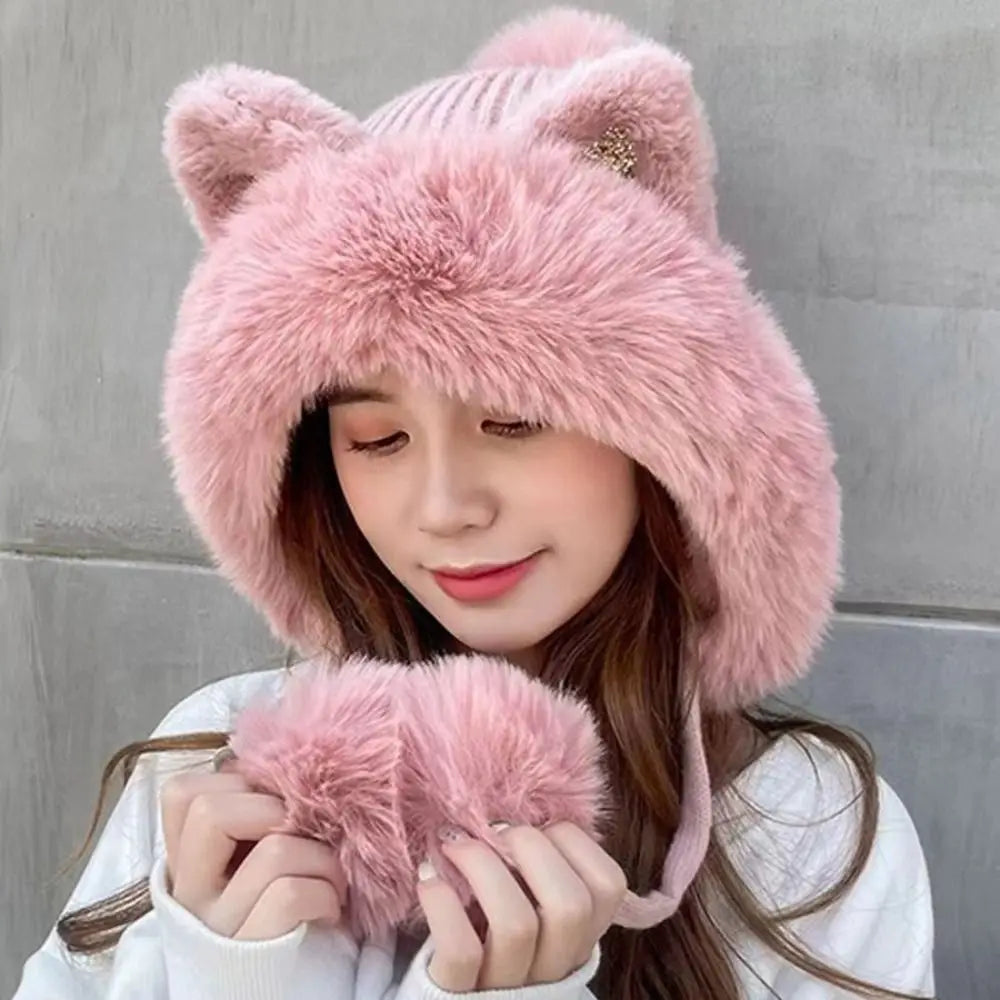 Cozy Cat Ear Beanie Hat For Women Warm Knit Two Fluffy Earflap Snow Beanie 🐱❄️