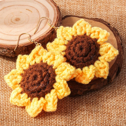 Kawaii Handmade Sunflower Drop Earrings 🌼✨ | Cute Knitted Dangle Hooks for Party & Holiday Gifts 🎉💖