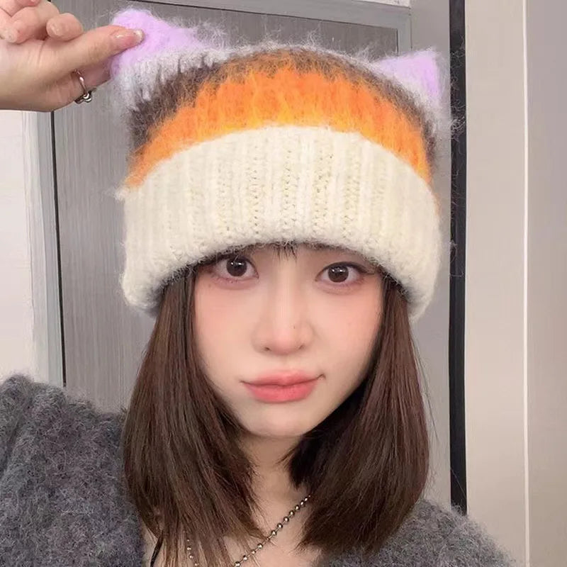 Kawaii Cat Ear Winter Beanie 🐾✨ Cozy Rainbow Knit for Women