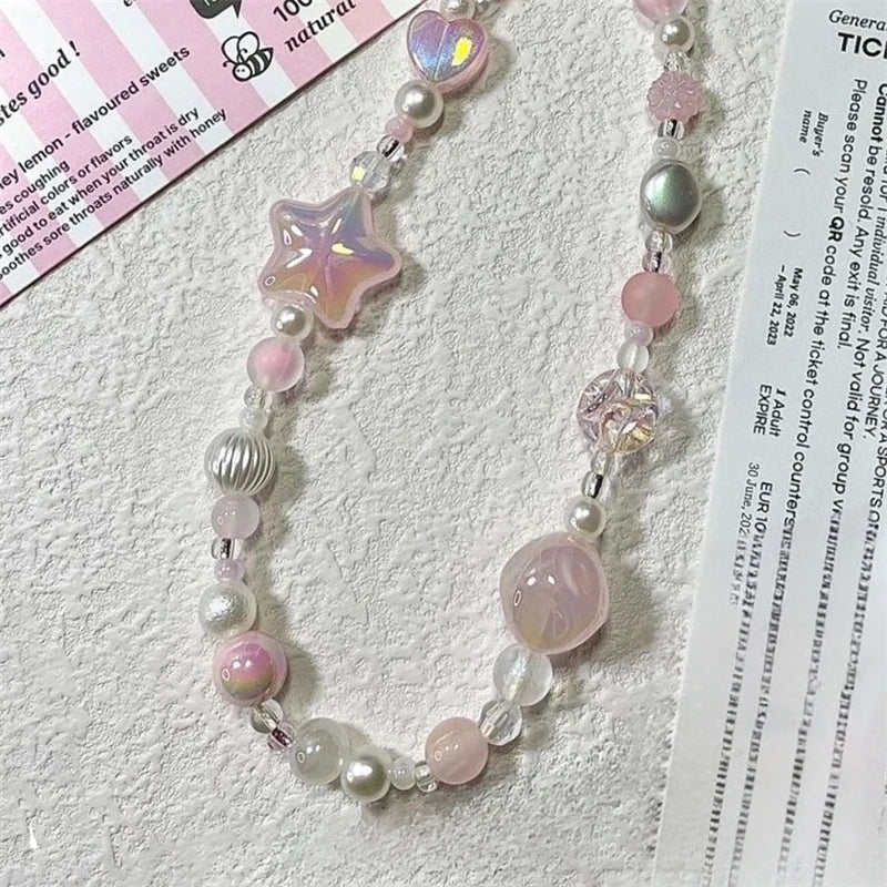 Korean Y2K Pink 3D Star Beaded Phone Lanyard Charm For All Phones 📱💗