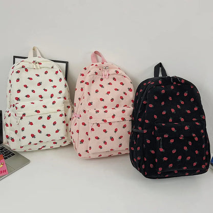 Women Kawaii Strawberry Pattern Backpacks with Pendant Corduroy School Knapsack Multi-pockets Students Daily Schoolbags Mochilas - Pixie Quill