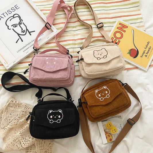 Kawaii Corduroy Crossbody Bag 🎒✨ - Adorable Solid Color Mini Shoulder Bag for Trendy Girls 💖 - Pixie Quill