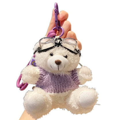 Pilot Bear Keychain With Goggles Plush Pendant Pearl Rope Accessory 🧸🪢