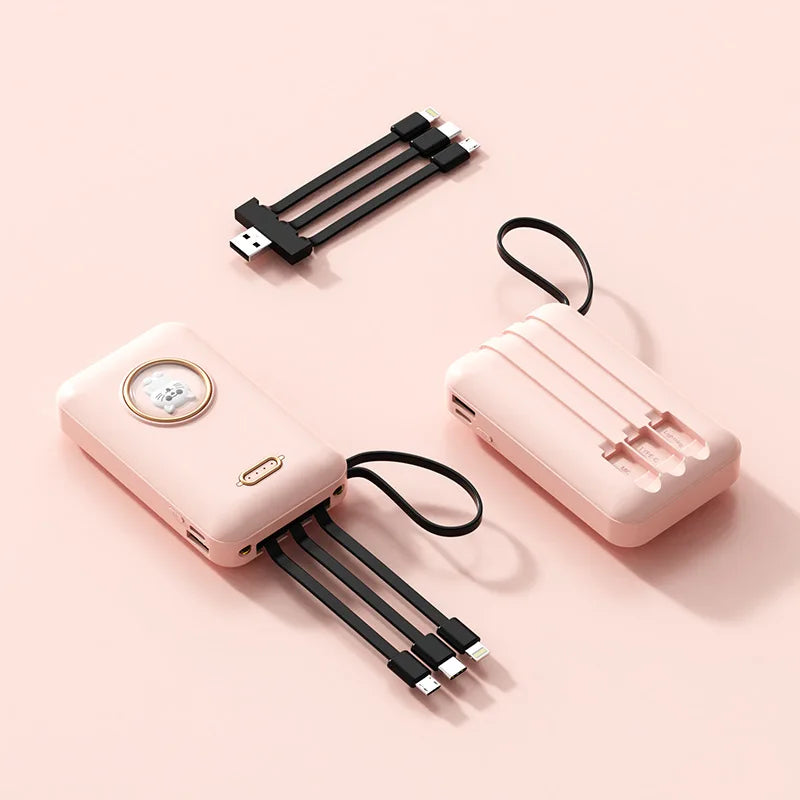 Kawaii Pet Power Bank 🐾✨ | 20,000mAh Mini Charger with Built-in Cables & LED Light 💖