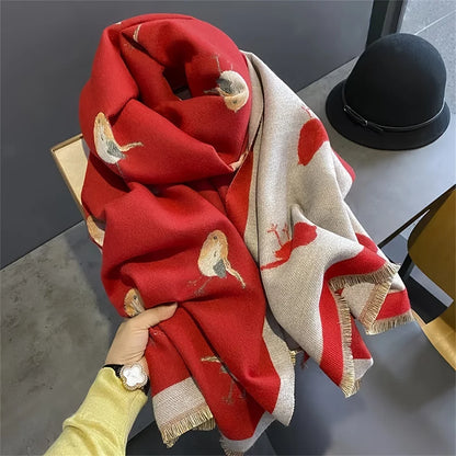 Cozy Bird Pattern Shawl For Women Warm Thick Winter Scarf 🧣🐦❄️