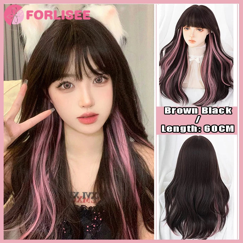 Kawaii Magic! 🌸✨ FORLISEE Black & Pink Long Straight Wig with Bangs - Perfect for Cosplay & Sweet Lolita Looks! 💖🎀