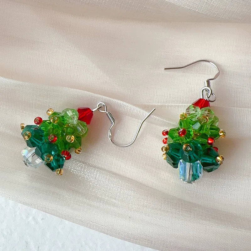 Crystal Beaded Christmas Tree Earrings With Red Bow 🎄 Elegant Holiday Jewelry